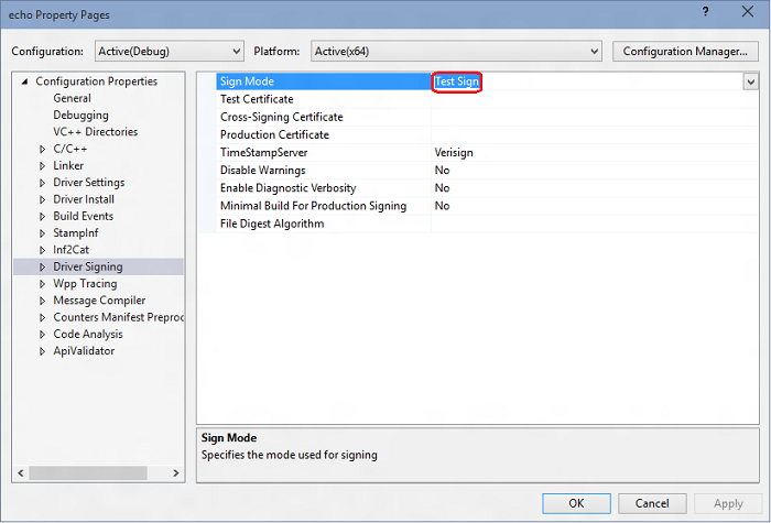 Captura de pantalla de la página de propiedades de eco en Visual Studio en la que se resalta la configuración del modo de firma.