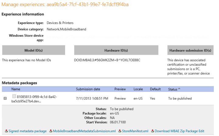 Captura de pantalla de la página Administrar experiencias en el panel de hardware del Centro de desarrollo de Windows.