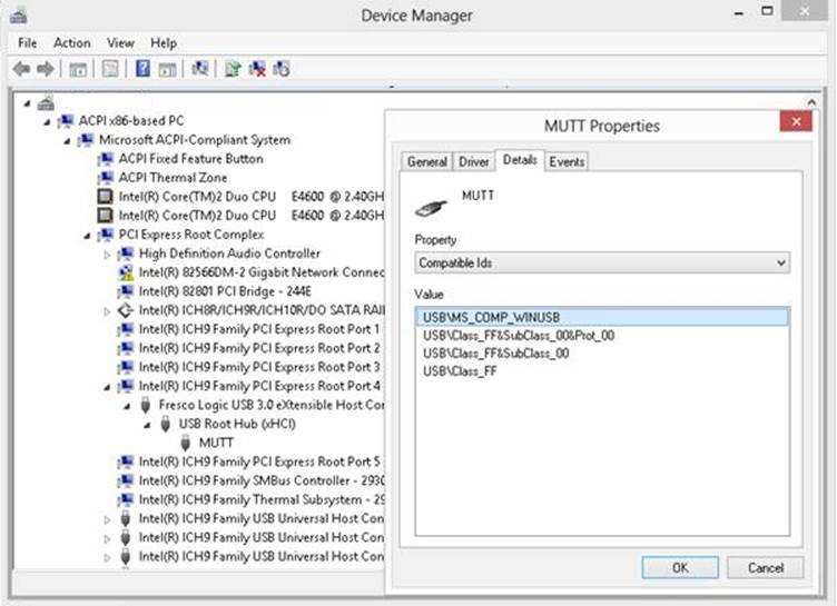 Captura de pantalla de Windows Administrador de dispositivos que muestra un dispositivo WinUSB.