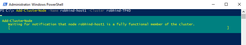 Captura de pantalla que muestra la salida del cmdlet Add-ClusterNode 