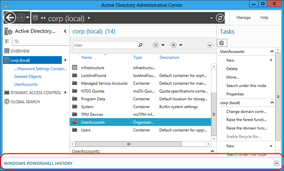 Captura de pantalla en la que se muestra el Visor del historial de Windows PowerShell del Centro de administración de Active Directory.