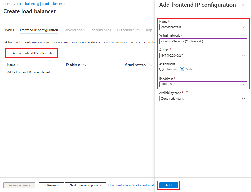 Captura de pantalla que muestra cómo agregar una configuración de IP de front-end al crear un equilibrador de carga.