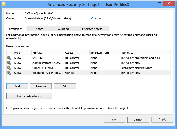 Captura de pantalla de la ventana Configuración de seguridad avanzada que muestra los permisos.