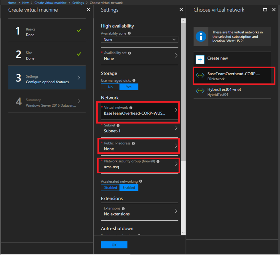 Creación de una máquina virtual mostrando la configuración de red de ExpressRoute