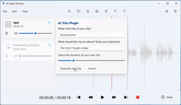 Captura de pantalla de la aplicación de ejemplo del Editor de Audio que muestra una prueba del complemento de recortador de audio de IA.