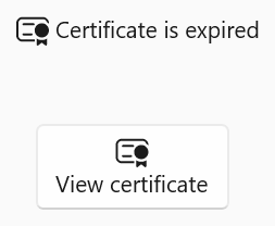 Un icono de certificado con el certificado de texto ha expirado y un botón con el icono de certificado y el certificado de vista de texto