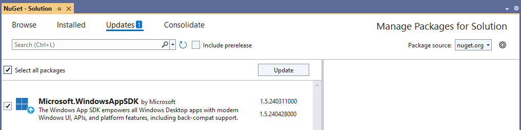 Captura de pantalla del administrador de paquetes NuGet en Visual Studio que muestra una actualización del paquete del SDK de Aplicaciones para Windows.