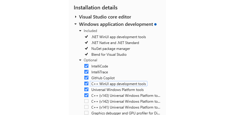 Captura de pantalla de la interfaz de usuario del instalador de Visual Studio con las herramientas de desarrollo de aplicaciones WinUI de C++ seleccionadas.