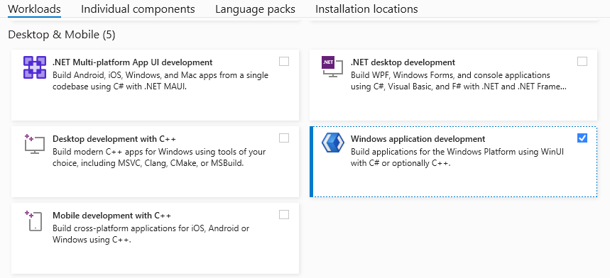 Captura de pantalla de la interfaz de usuario del instalador de Visual Studio con la carga de trabajo de desarrollo de aplicaciones de Windows seleccionada.