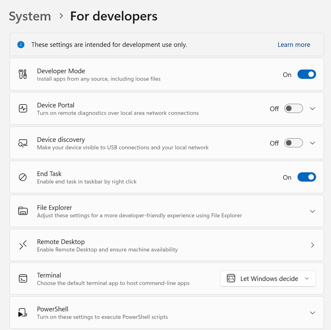 Configuración para desarrolladores de Windows