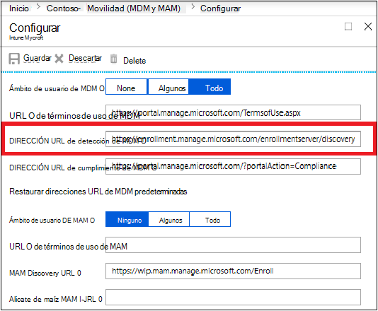 Dirección URL de descubrimiento de MDM.