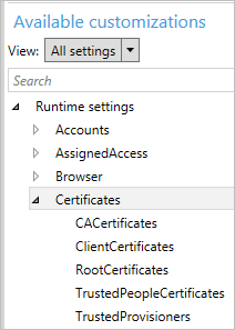 En el Diseñador de configuraciones de Windows, expanda la categoría Certificados.