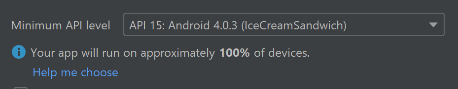 Pantalla de selección de API mínima de Android Studio