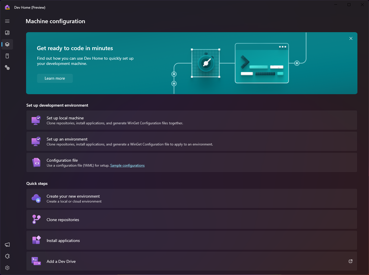 Captura de pantalla de la herramienta de configuración Dev Home Machine.