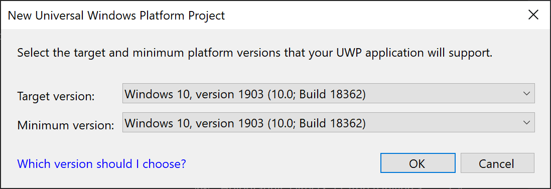 Captura de pantalla de la configuración de Windows 10, versión 1903 como destino y versiones mínimas