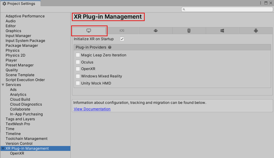 Captura de pantalla de la ventana Configuración del proyecto abierta en la página administración de complementos XR y pc, Mac & pestaña Independiente de Linux.