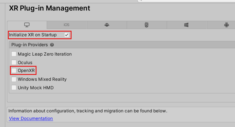 Captura de pantalla de la ventana Configuración del proyecto, dentro del equipo, Mac & pestaña Independiente de Linux, con Initialize XR on Startup (Inicializar XR en inicio) seleccionado y el complemento OpenXR resaltado.