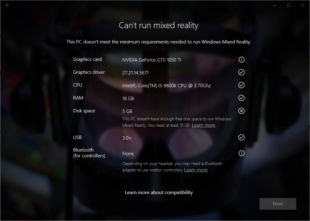 Captura de pantalla de la comprobación de PC de Windows Mixed Reality