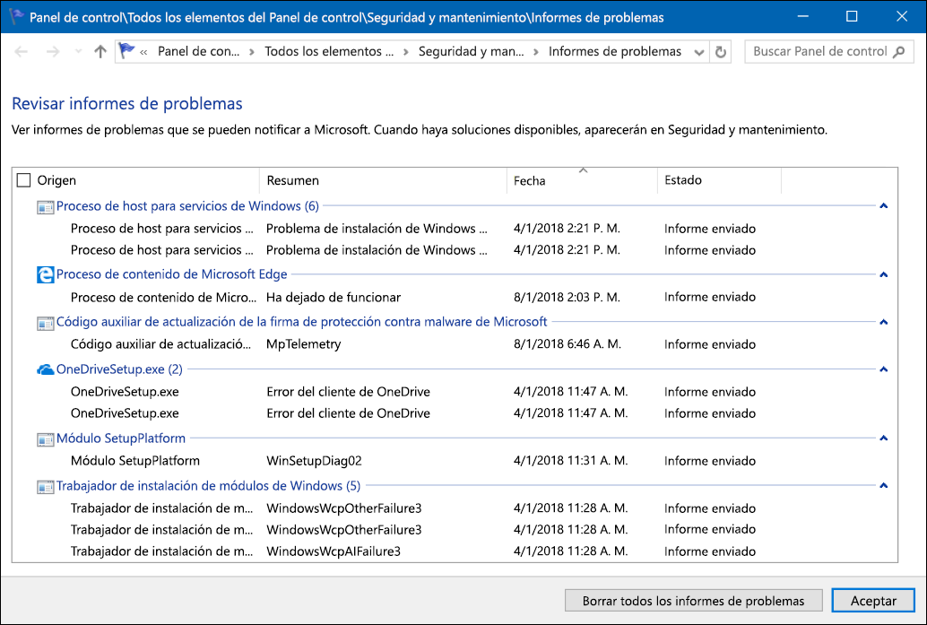 Herramienta Ver informes de problemas con estados de informes.