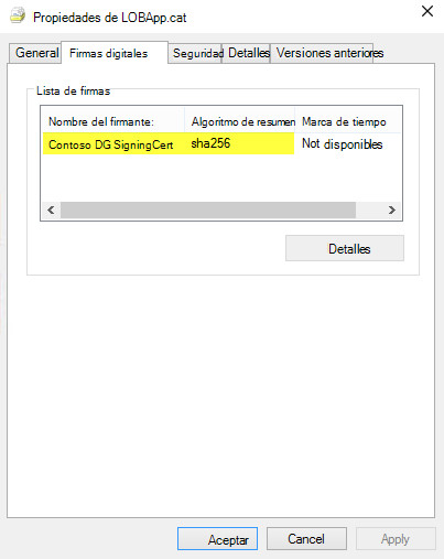 Lista de firma digital en propiedades de archivo.