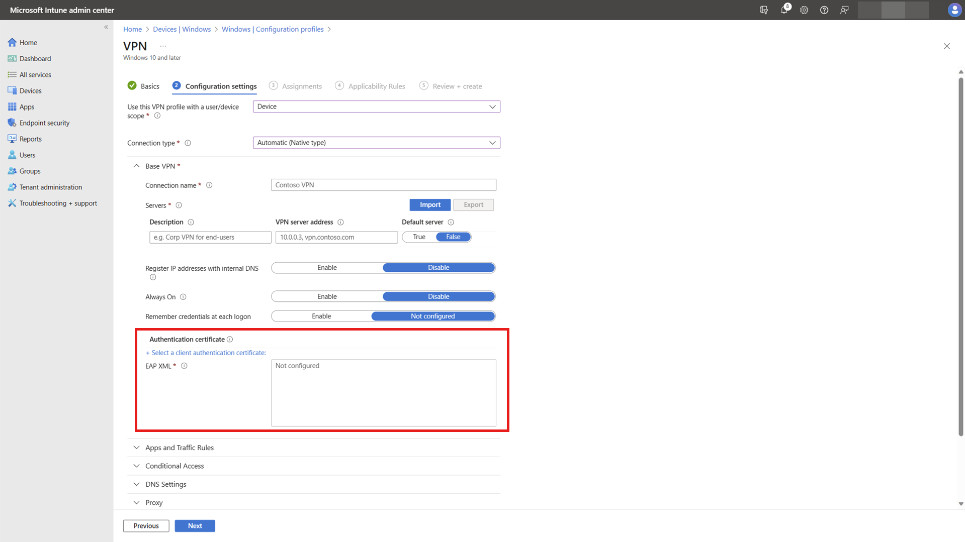 Captura de pantalla que muestra la configuración de EAP XML en Intune perfil.