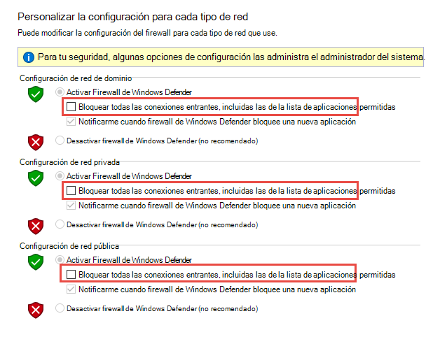 Captura de pantalla del applet Panel de control Firewall.