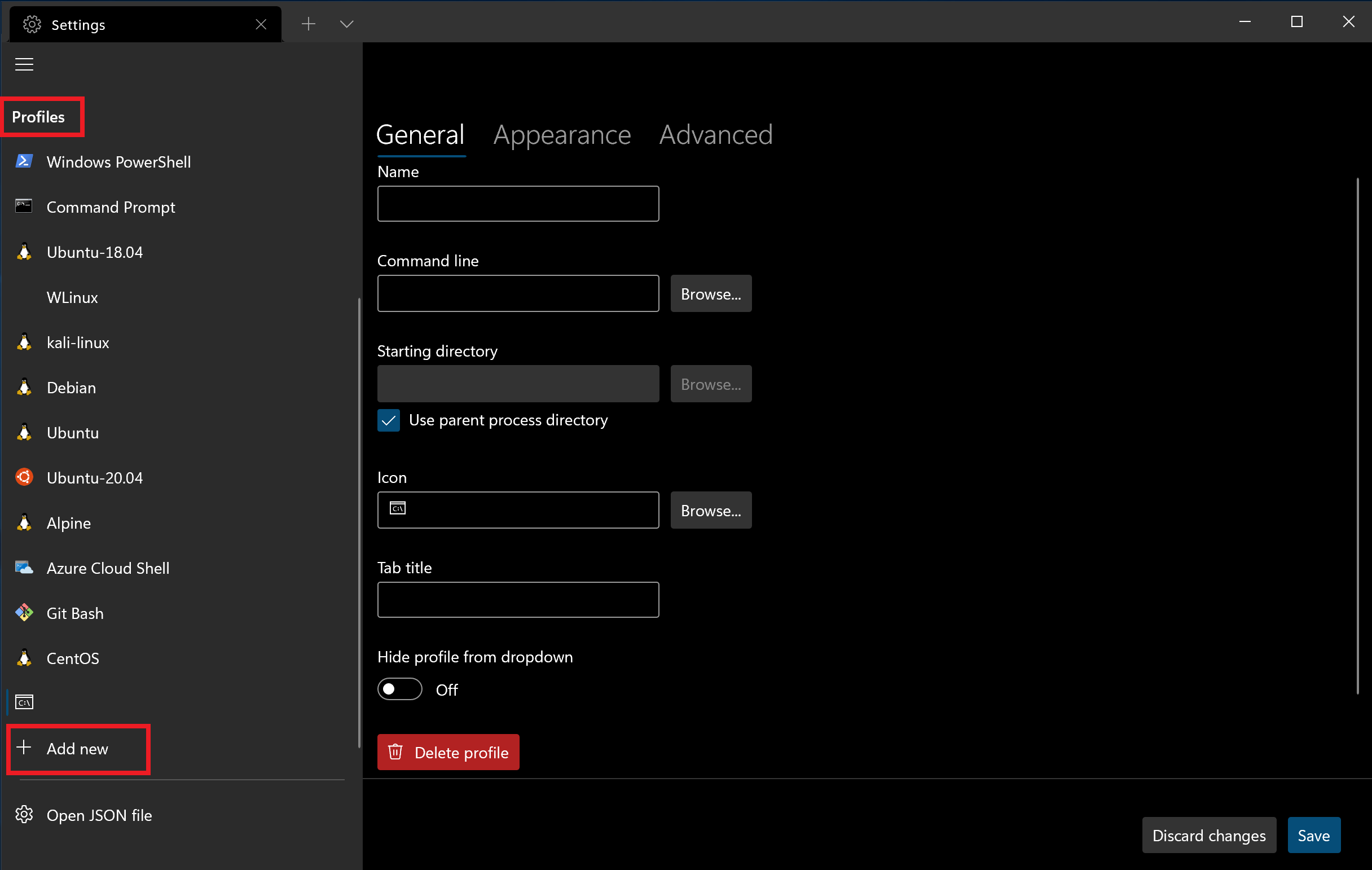 Captura de pantalla de la lista de perfiles de Configuración de Terminal Windows