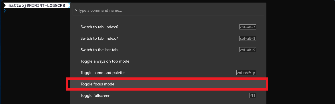 Opción Alternar el modo de enfoque en la paleta de comandos de Terminal Windows