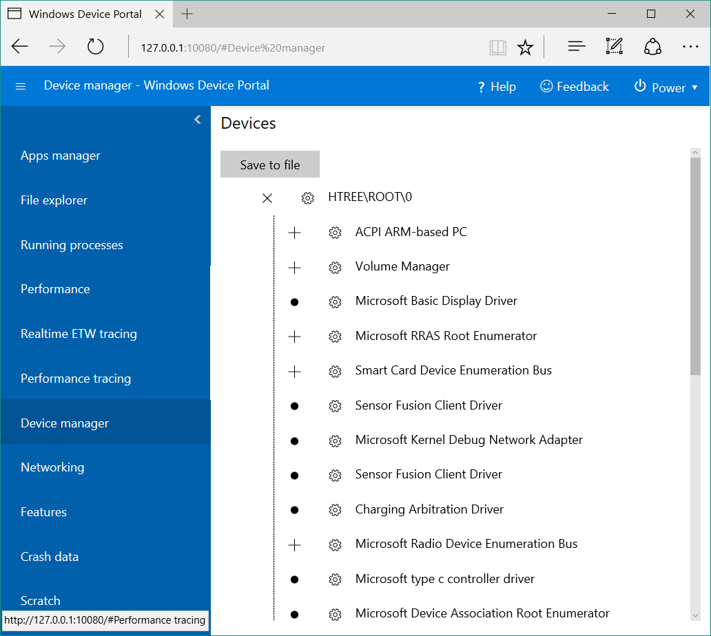 Página Administrador de dispositivos del Portal de dispositivos