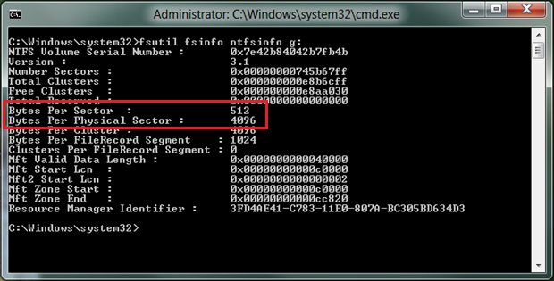 bytes por sector y por sector físico de un disco de 4k sector con emulación de 512 bytes