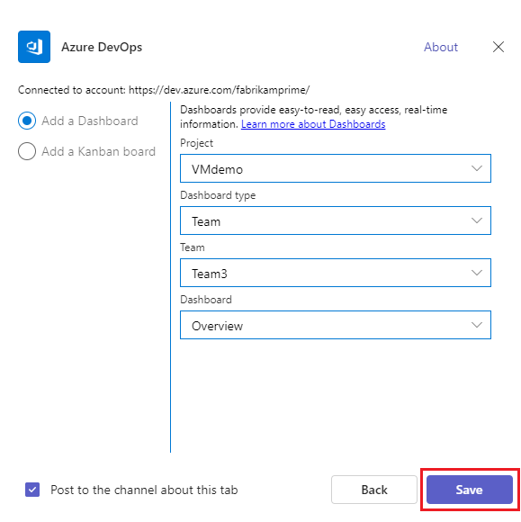 Screenshot that shows adding a Dashboard for Azure DevOps in Teams.