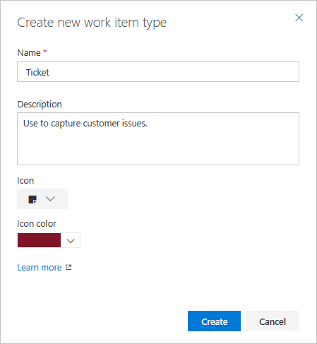 Create new work item type dialog