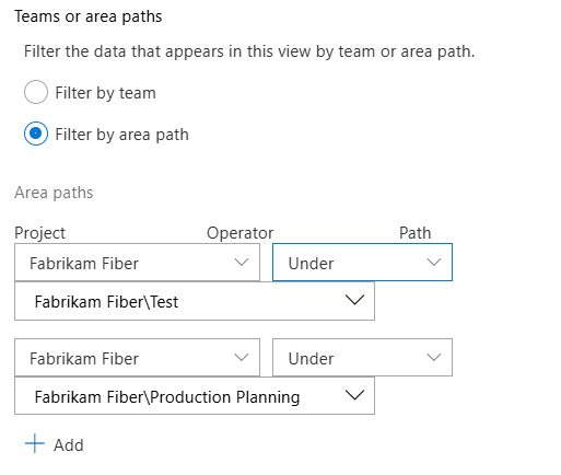 Screenshot shows the Teams or area paths dialog.