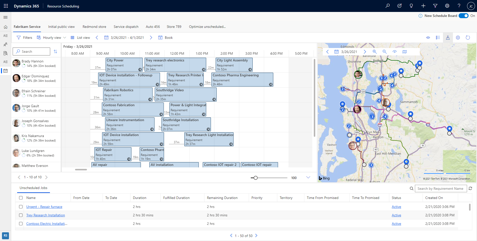 Näyttökuva Dynamics 365:n uudesta aikataulutaulukosta, jossa näkyvät resurssit ja vaatimukset.