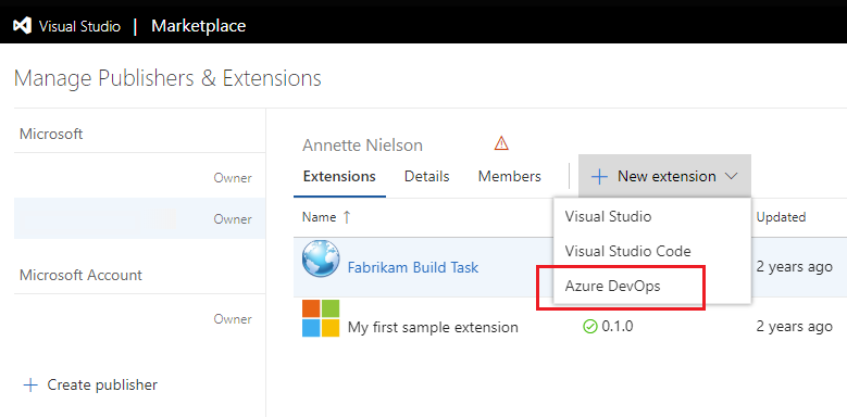 Visual Studio Marketplace new extension development