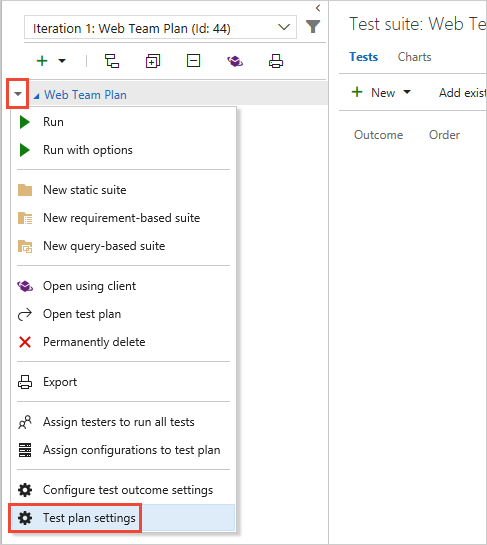 Choosing Test plan settings