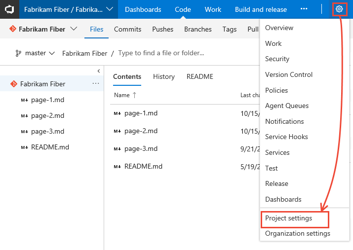 Open Project Settings, horizontal nav