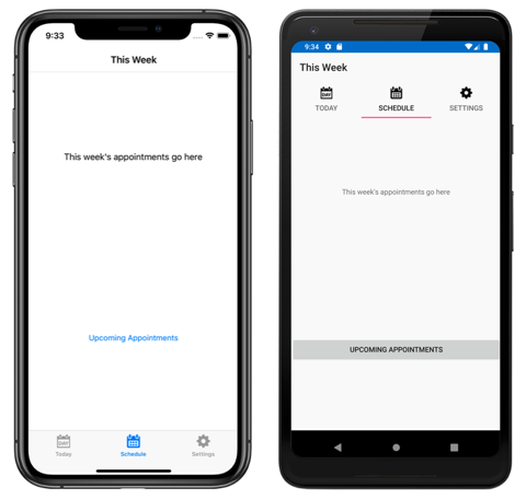 Screenshot of a TabbedPage containing tabs, on iOS and Android
