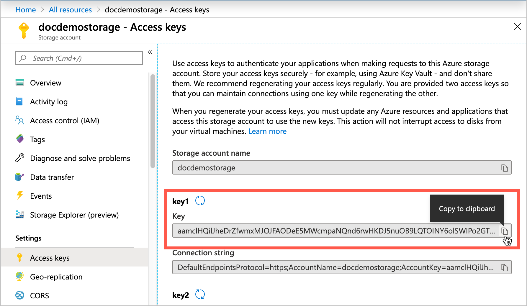 Interface utilisateur du portail Azure pour la copie de la clé