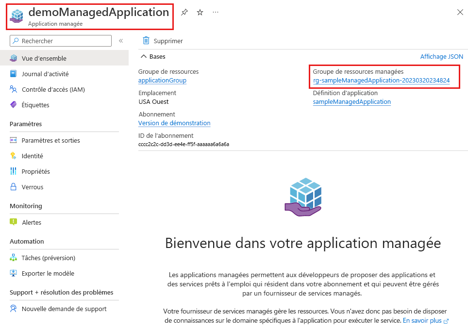 Capture d’écran des détails de l’application managée mettant en évidence le lien vers le groupe de ressources managé.