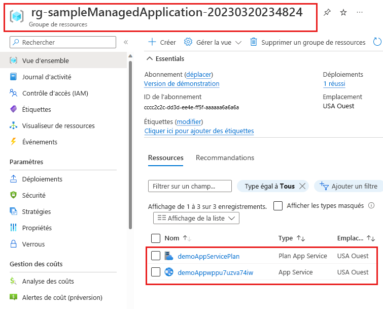 Capture d’écran du groupe de ressources managé qui contient la ressource déployée par la définition d’application managée.