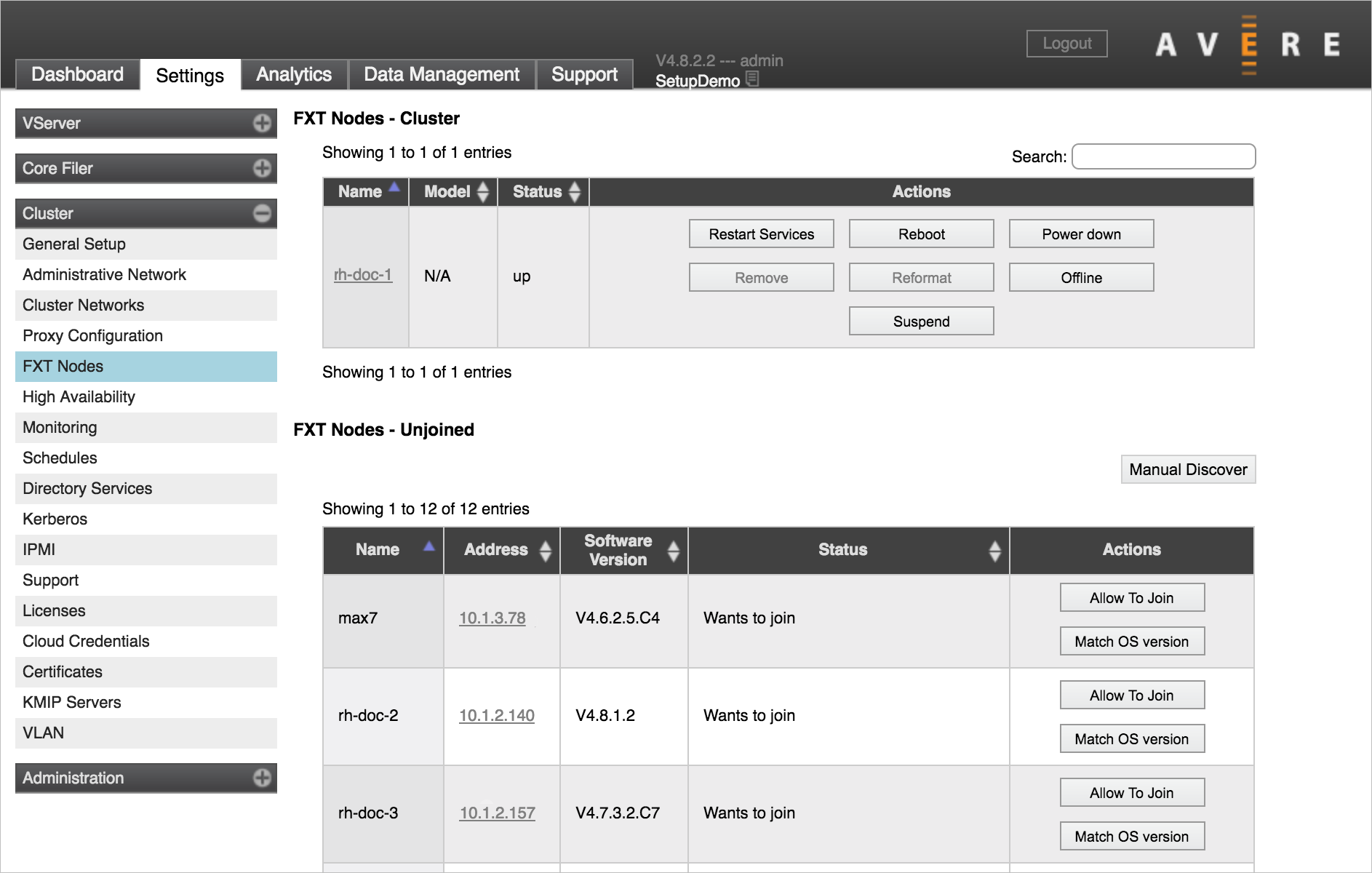 Onglet Settings du panneau de configuration (deuxième onglet) avec Cluster > FXT Nodes chargé