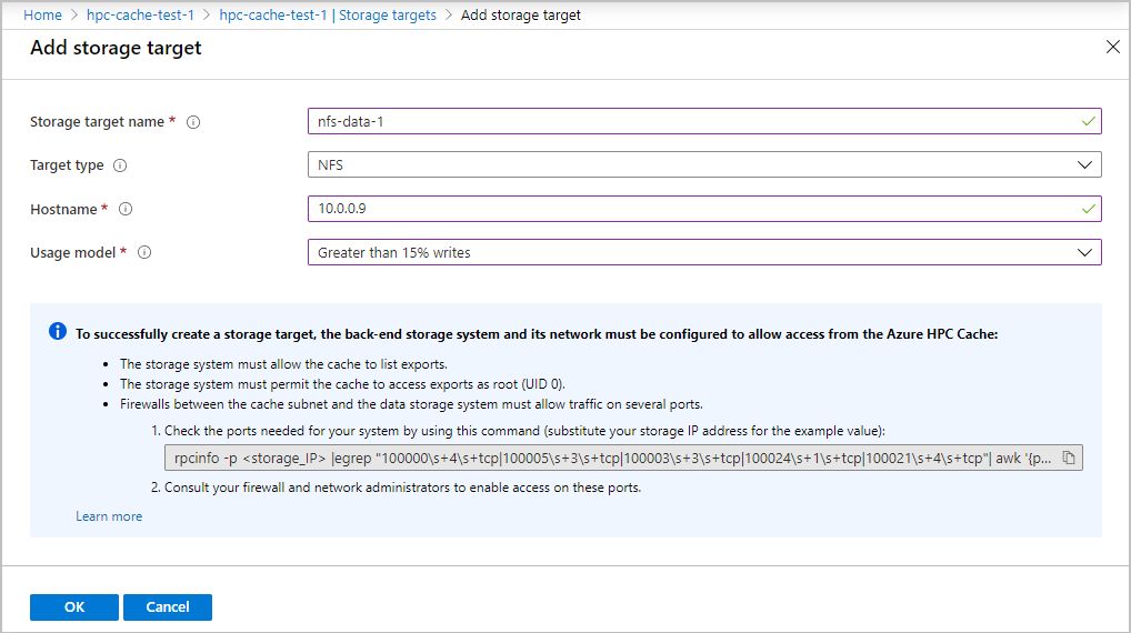 Capture d’écran de la page Ajouter la cible de stockage avec le type de cible défini sur NFS