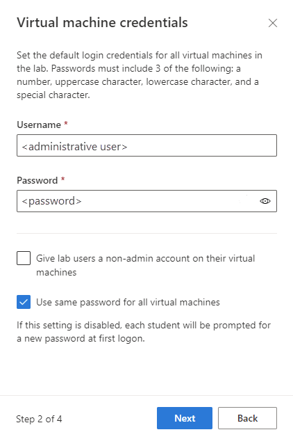 Capture d’écran de la page Informations d’identification de la machine virtuelle dans le site web Azure Lab Services.