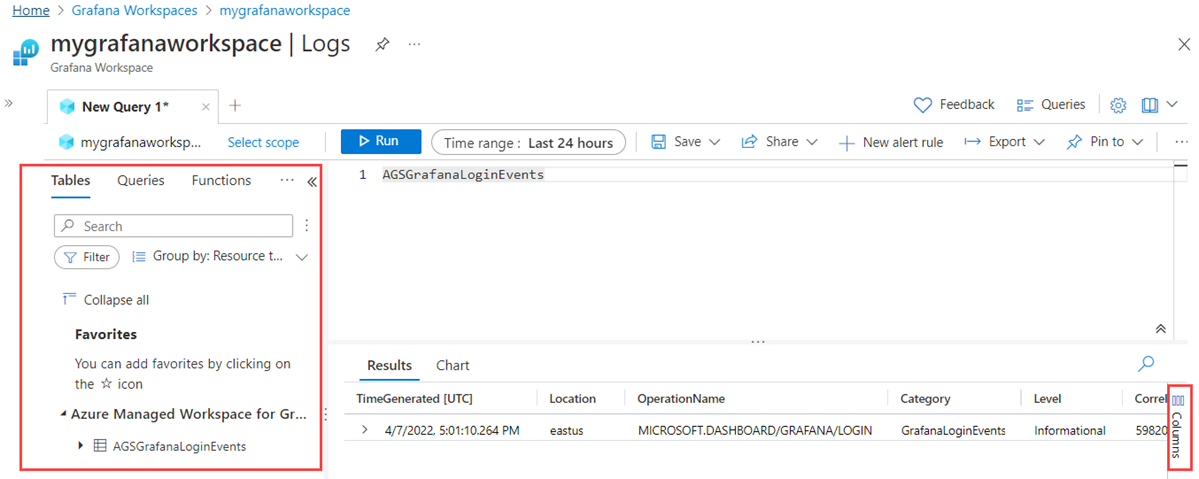 Capture d’écran de la plateforme Azure. Filtres et colonnes de requête de journal.