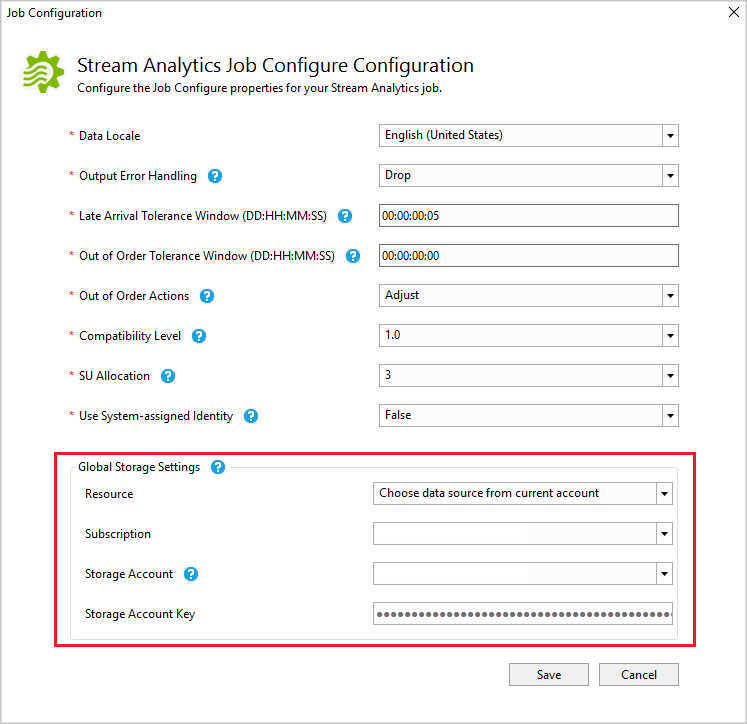 La configuration de configuration du travail Stream Analytics s’affiche avec les valeurs par défaut. Les paramètres de stockage globaux sont mis en surbrillance.