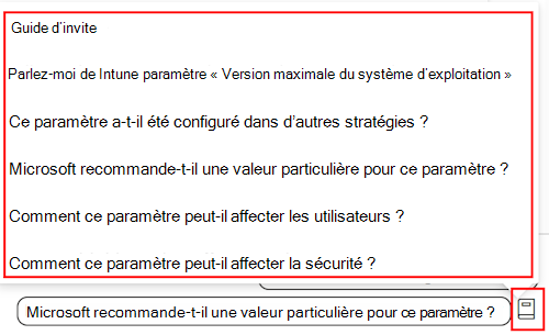 Capture d’écran montrant le guide d’invite Copilot lorsque vous ajoutez un paramètre dans une stratégie de conformité dans Microsoft Intune et le Centre d’administration Intune.