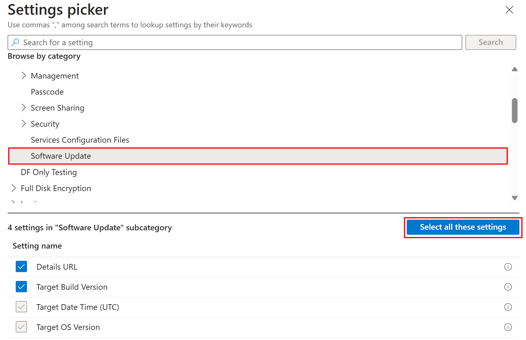 Capture d’écran montrant les paramètres de mise à jour logicielle du catalogue pour les appareils Apple dans Microsoft Intune.