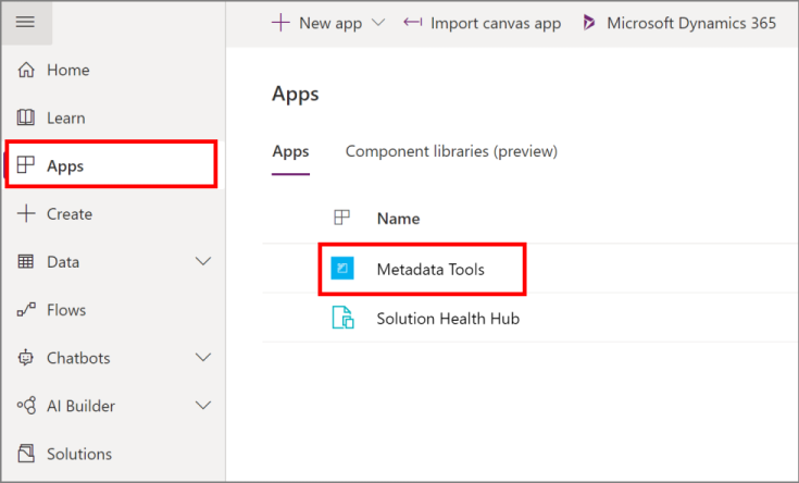 Application Outils de métadonnées.