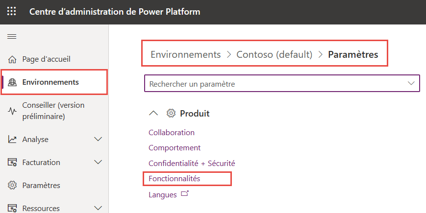 Capture d’écran qui montre où définir les fonctionnalités environnement.